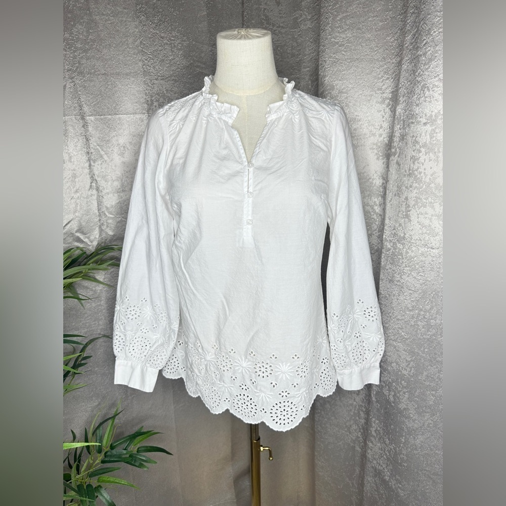 NEW Talbots White Embroidered Eyelet-Hem Long Sleeve Tunic Top Sz Small Petite